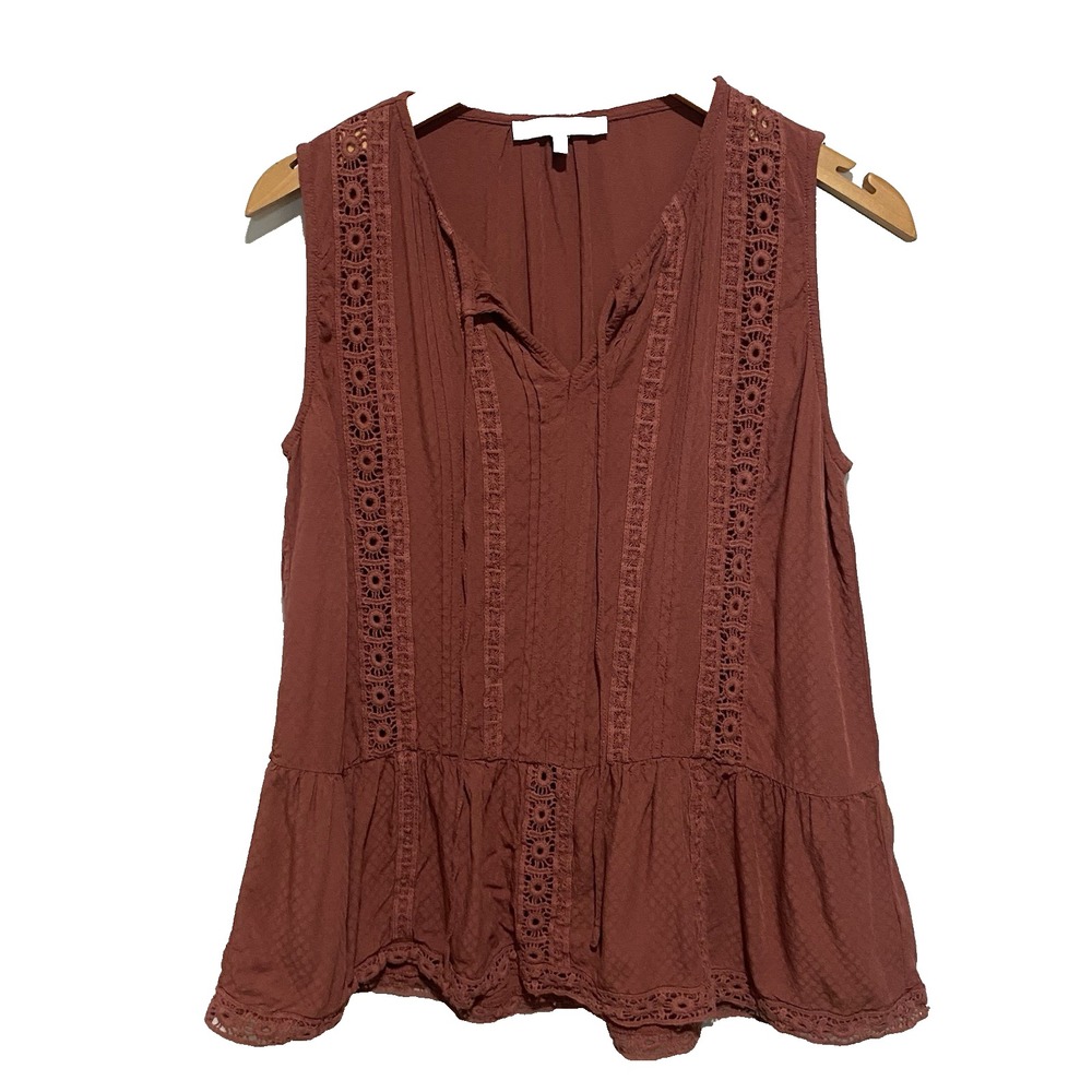 RO &‎ DE Anthropologie Rust Pink V-neck Keyhole Tank Top w/ Lace Trim Size M